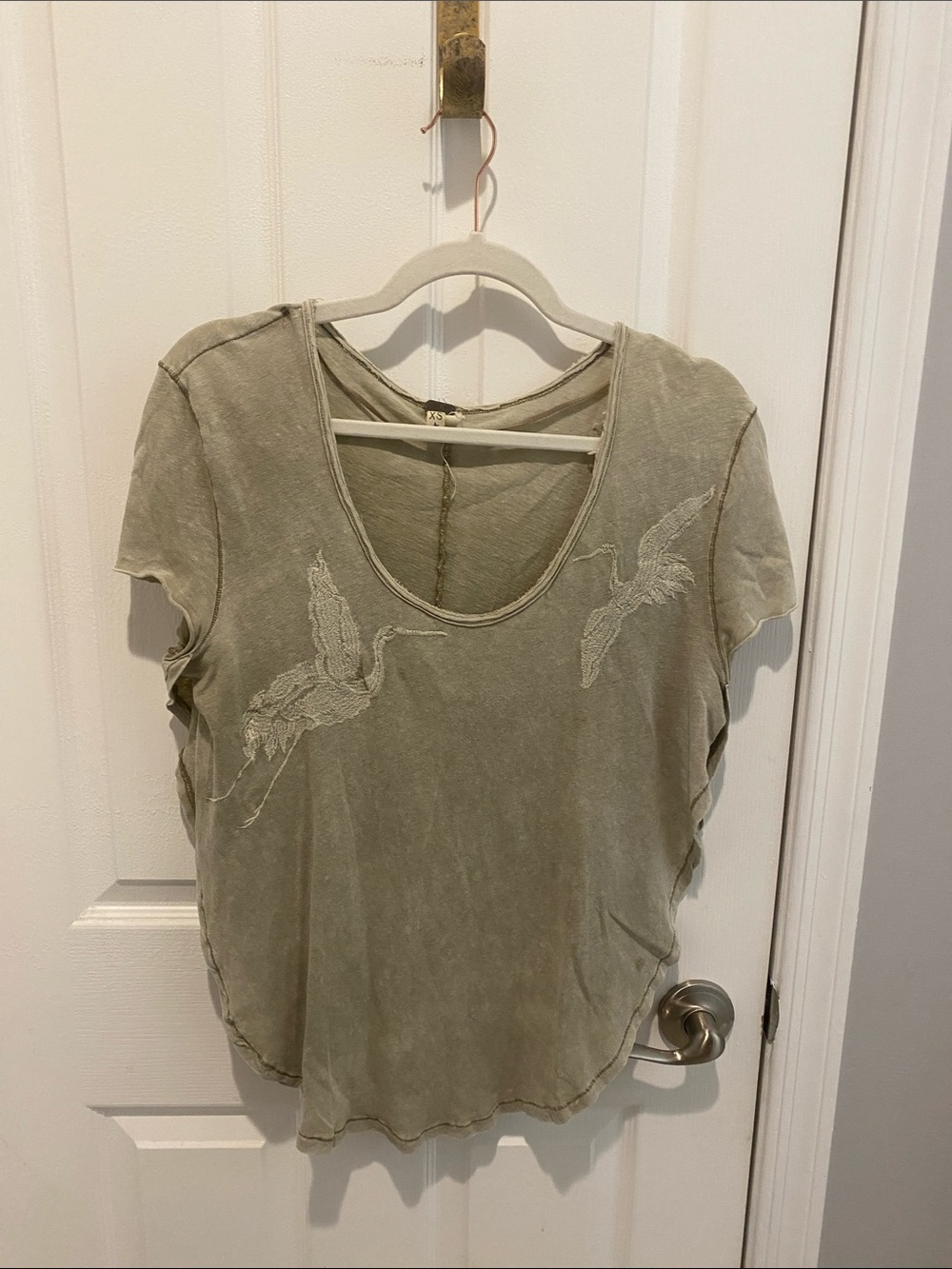 We The Free Washed Sage Green Scoop Neck Top with Crane Embroidery